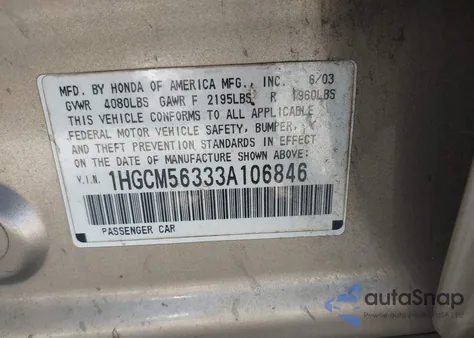 2003 Honda Accord 2.4 Lx z USA, uszkodzony, nr VIN 1HGCM56333A106846